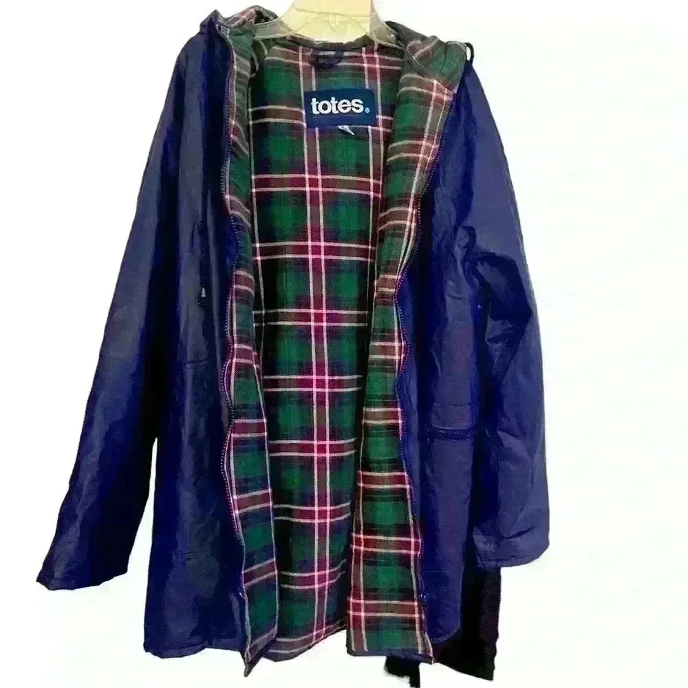 Totes Women's PVC Navy Blue Coat Jacket With Hood Full Zip Size S Raingear